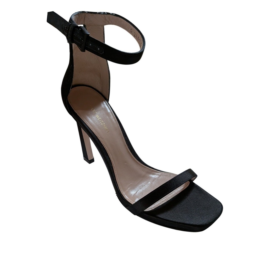 Stuart Weitzman Black Satin Nudist Ankle Strap Stiletto Sandals Size 7 M